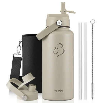 Buzio Duet Series Water Bottle with 2 Lids and Sleeve 1L - Beige